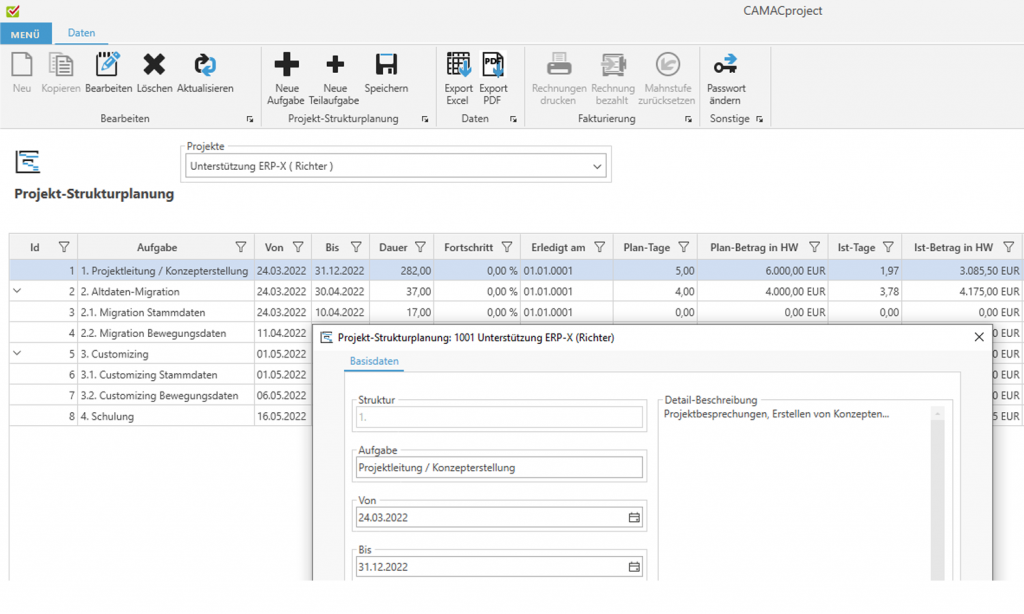 Projektplanung der Struktur in CAMACproject